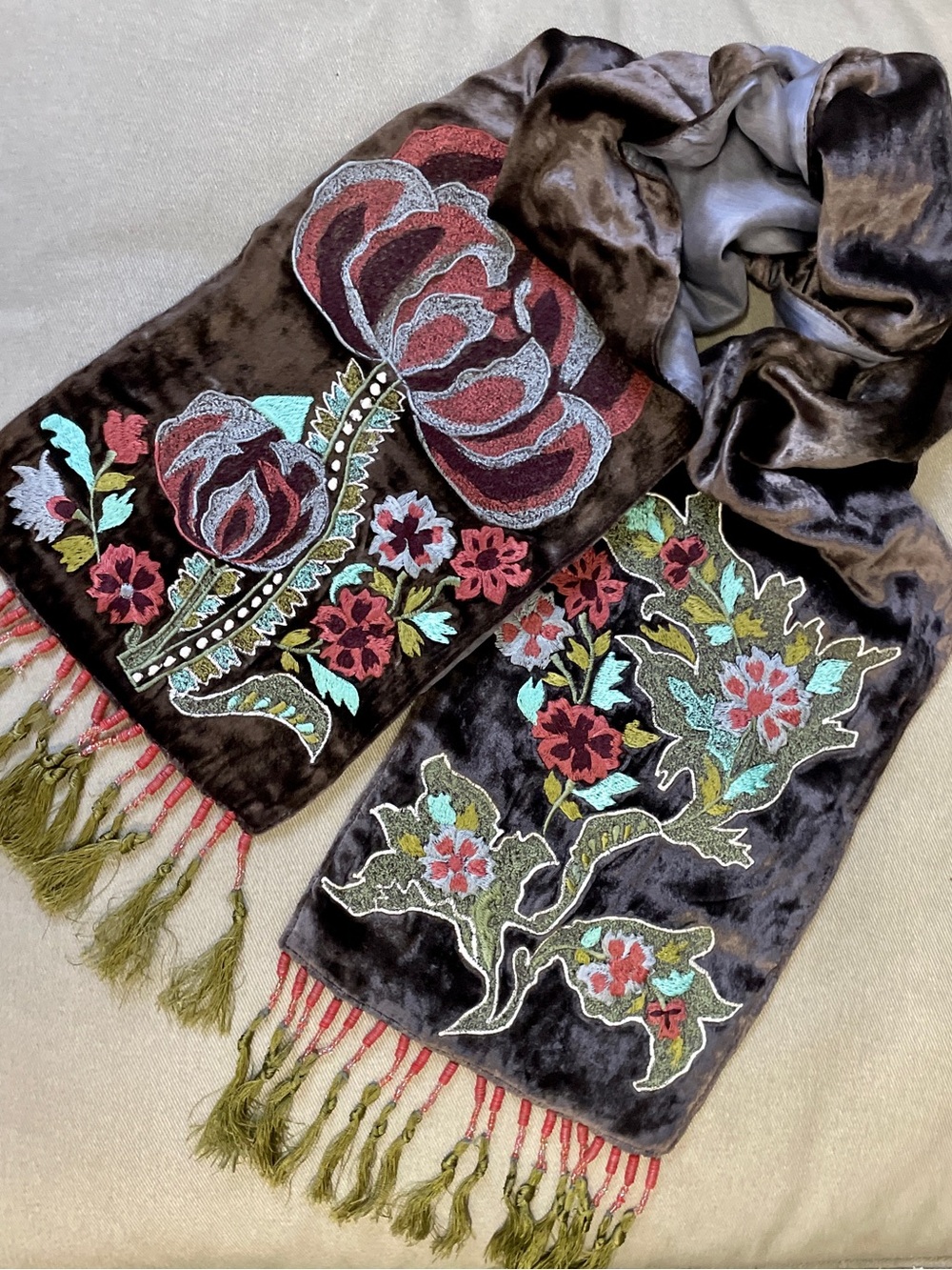 Chan Luu | Embroidered Velvet Floral Scarf w/ Beaded Fringe ♥ Price is FIRM - Picture 2 of 8